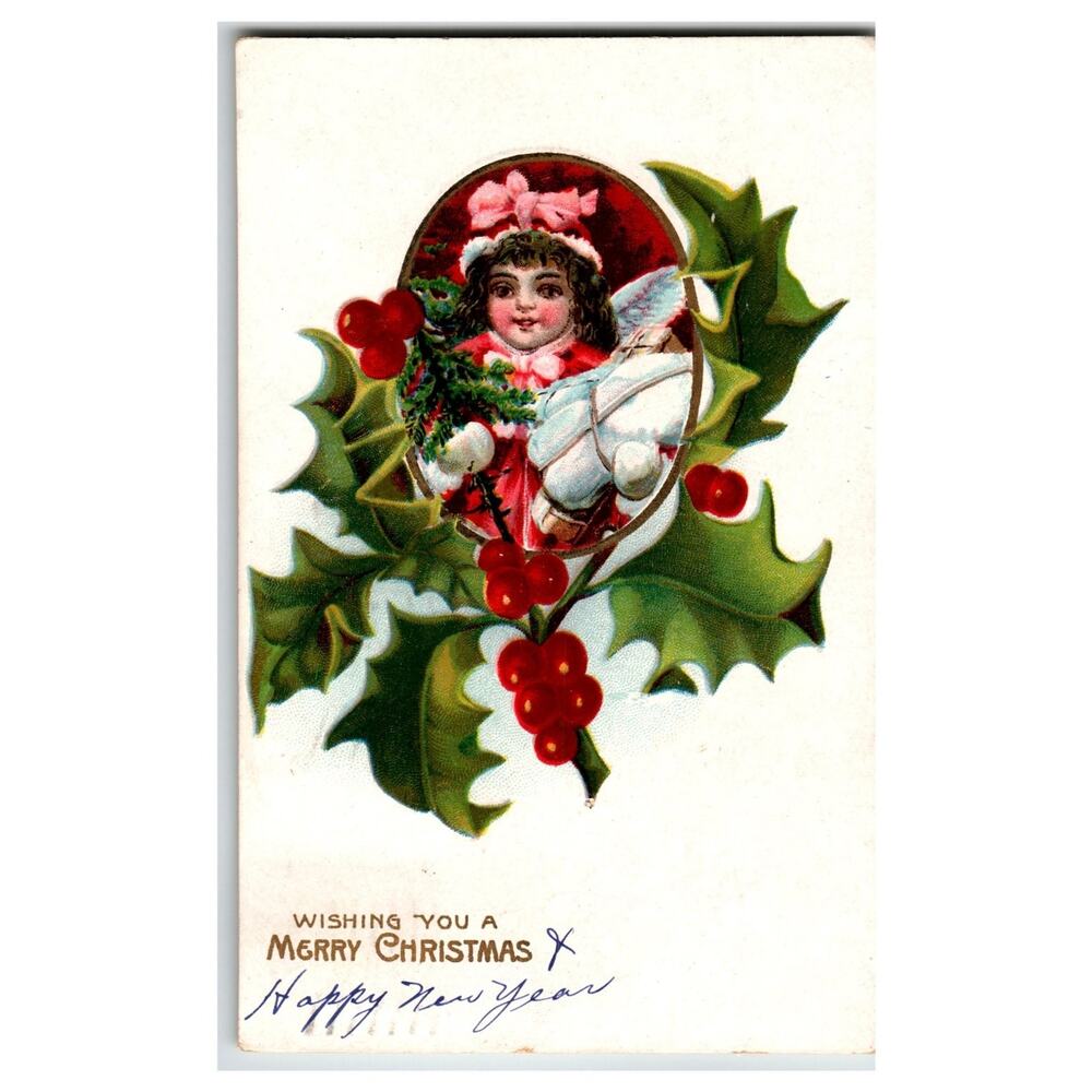 Antique 1908 Christmas Angel Cherub Holly Postcard - Printed in Germany